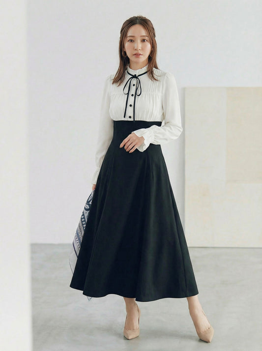 蝴蝶結立領拼接高腰收腰假兩件連身裙