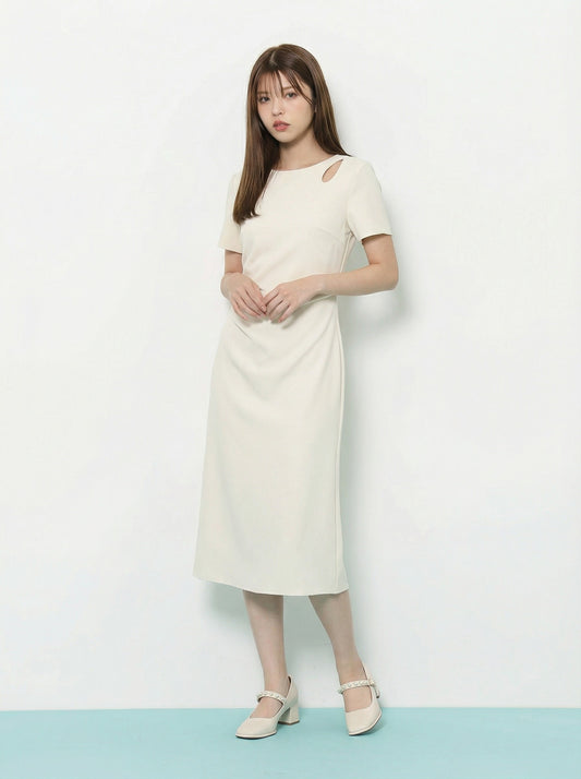 肩部鏤空收腰A字短袖洋裝