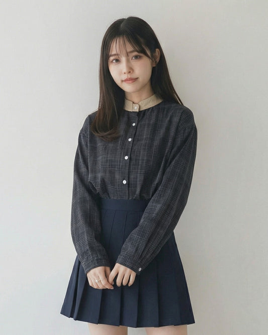 黑色千鳥格紋立領寬鬆長袖襯衫