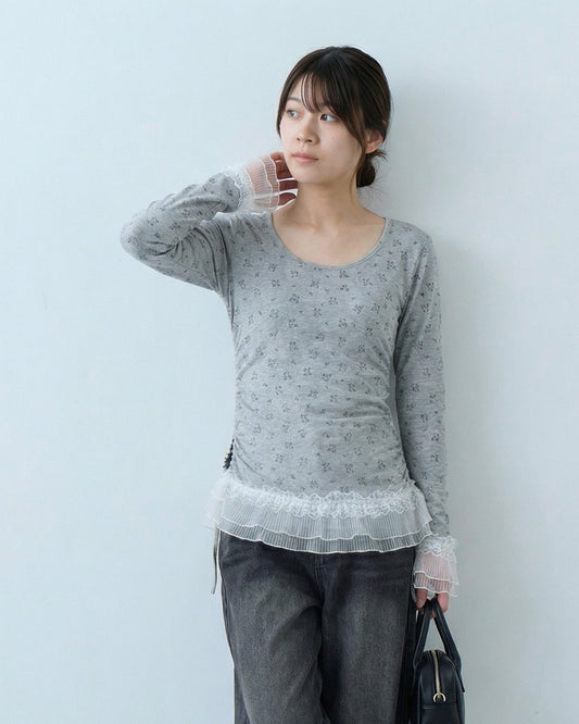 方領修身蕾絲拼接長袖T恤