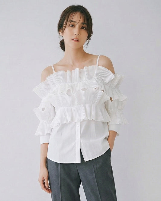 一字領荷葉褶層次感襯衫